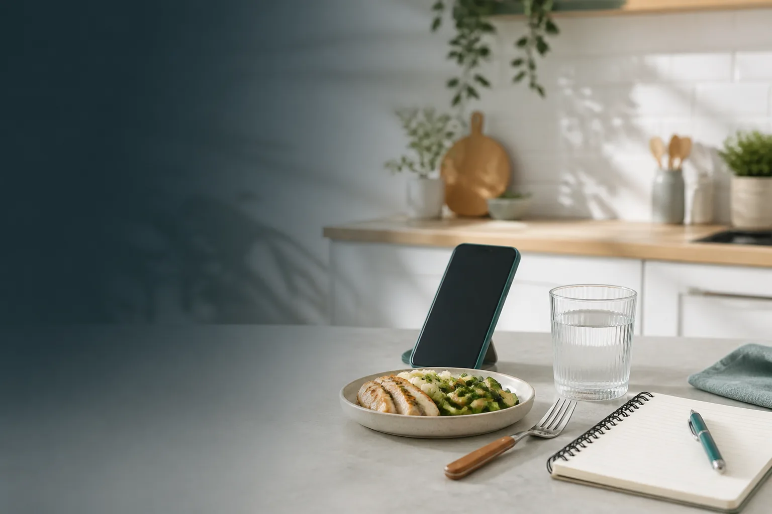 cena editorial de cozinha clara e acolhedora com celular apoiado ao lado de uma pequena refeição proteica, caderno aberto e copo de água, sem texto